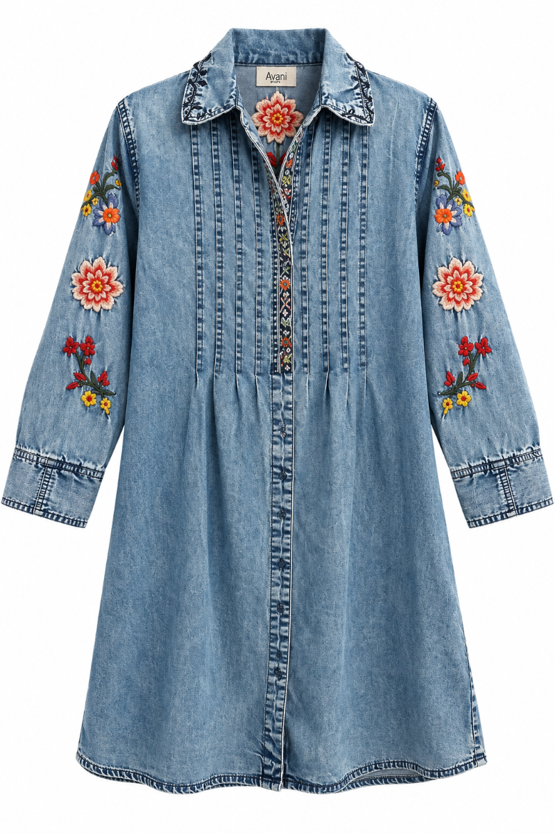 Trestles Clothing Company Desert Rose cotton denim dress with vintage wash, floral embroidery, and pin tuck details.